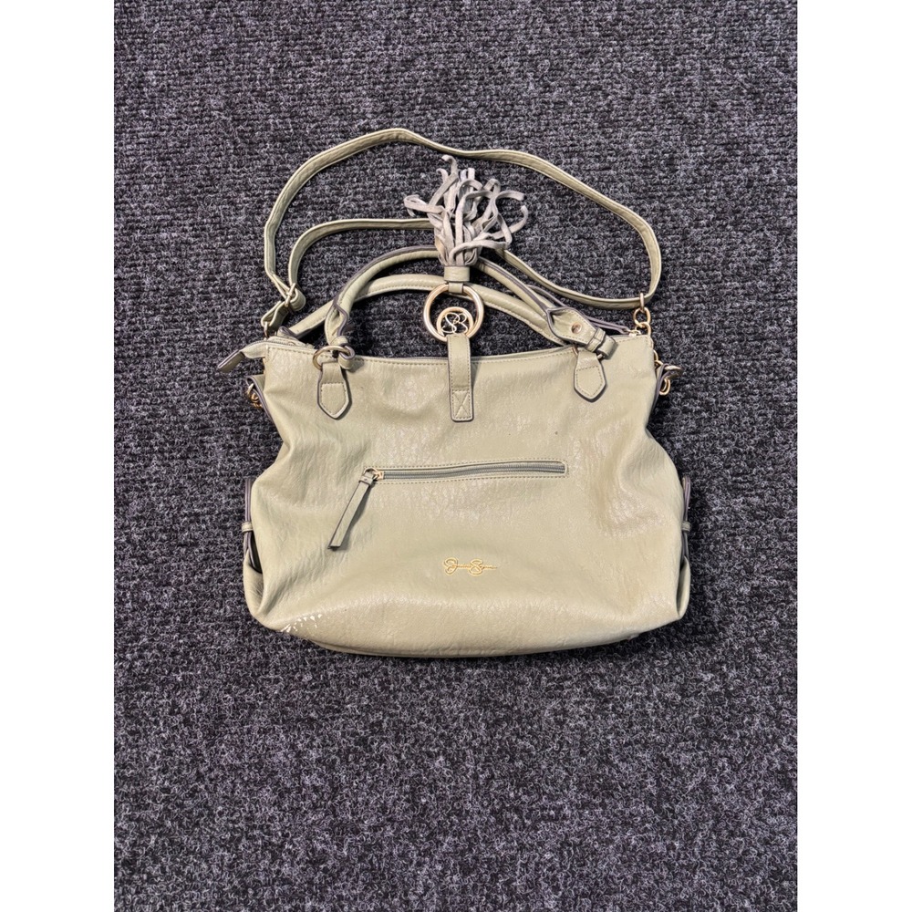Jessica Simpson Sage Green Faux Leather Satchel Crossbody Bag Tassel Leopard